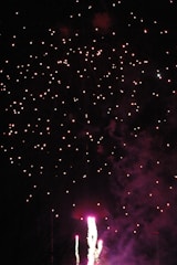 Bright fireworks illuminate the night sky, with pink and white bursts scattering across a dark backdrop. The display creates a dazzling spectacle with vibrant sparkles and smoke trails.