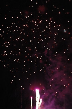 Bright fireworks illuminate the night sky, with pink and white bursts scattering across a dark backdrop. The display creates a dazzling spectacle with vibrant sparkles and smoke trails.