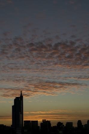 Evening skyline of downtown Birmingham glowing warmly under a sunset sky.