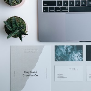 A minimalist workspace setup with a laptop in the top right corner and several business cards and a poster arranged neatly on a white desk. The cards display text and artistic designs, while two small potted plants add a touch of greenery to the setting.