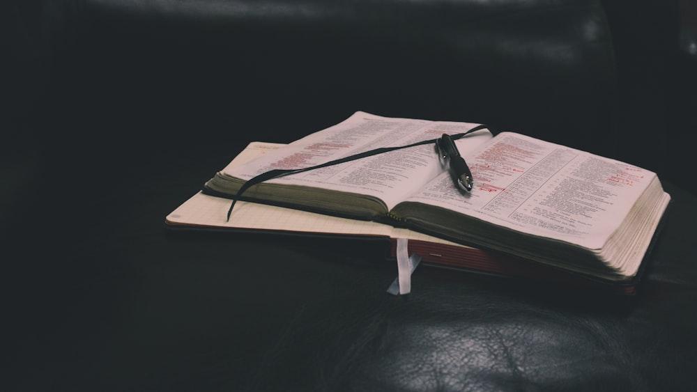 focus photo of book with black pen on top