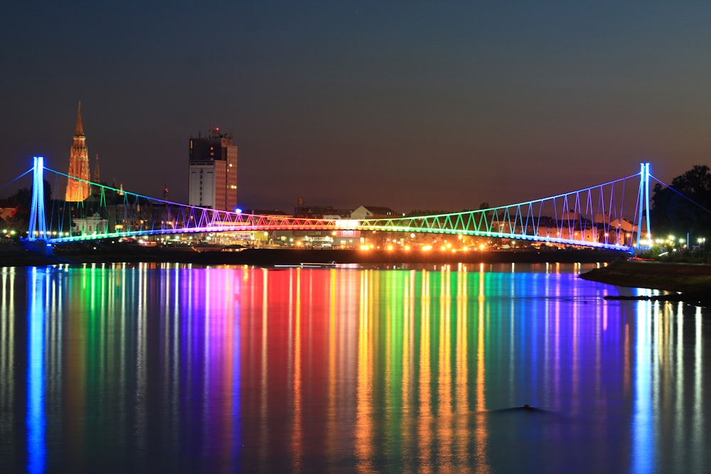 lighted bridge with calm water
