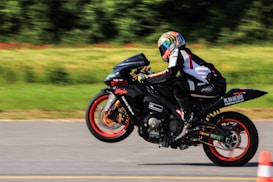 A motorcyclist wearing a colorful helmet and racing gear performs a wheelie on a black sport motorcycle. The background is blurred, indicating motion, with greenery and a road visible.