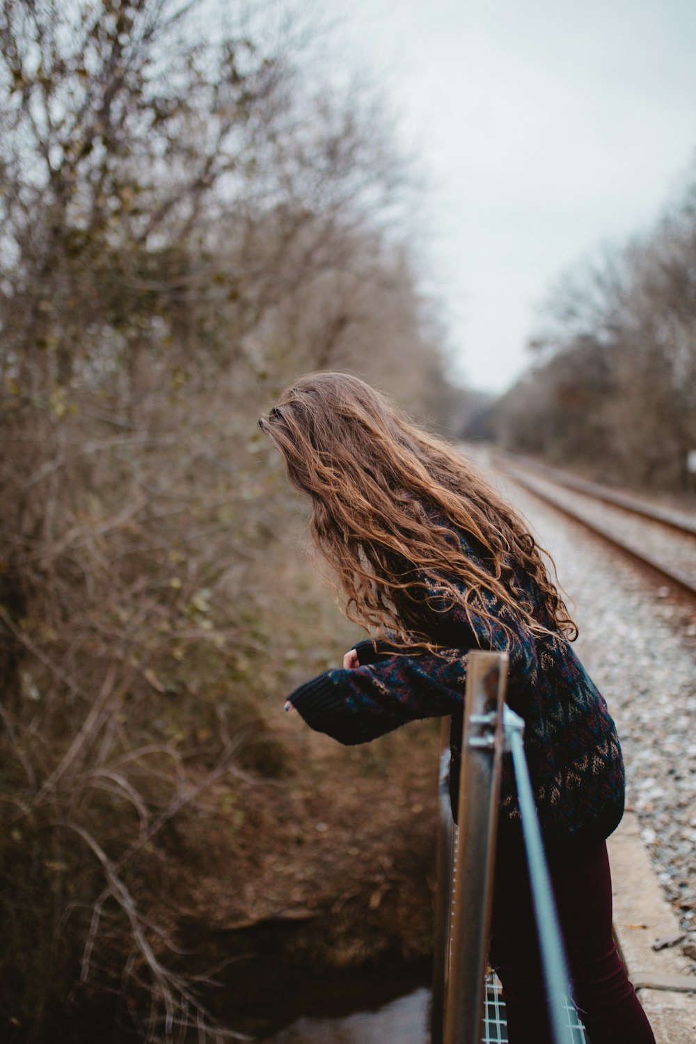 woman leaning on brown and gray railings near bare forest