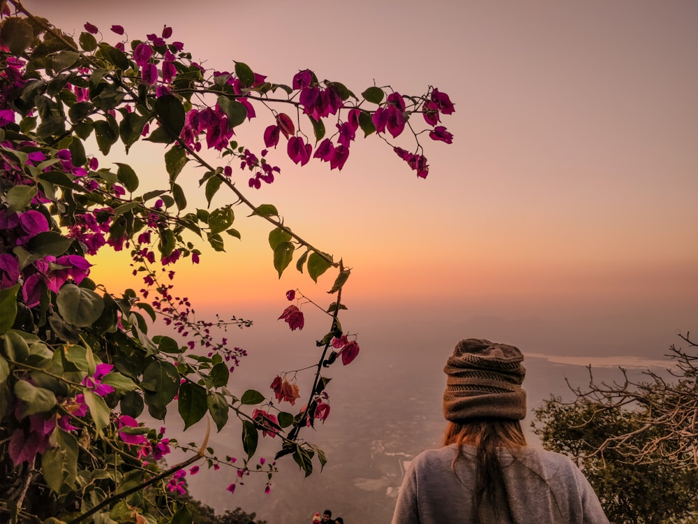 Person mit Blick auf blaues Meerwasser neben grünem und rosa Baum während des orangefarbenen Sonnenuntergangs