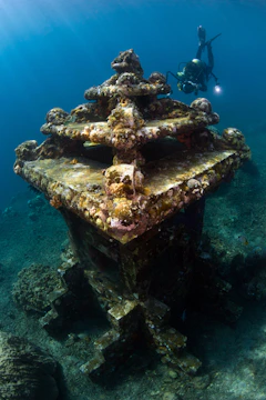 A cinematic frame of a diver exploring ancient underwater ruins.
