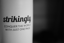 A close-up of black text printed on a white curved surface, with the text reading: 'strikingly' and 'CONQUER THE WORLD WITH JUST ONE PAGE'. The background fades into a dark gradient.