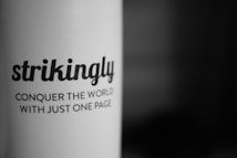 A close-up of black text printed on a white curved surface, with the text reading: 'strikingly' and 'CONQUER THE WORLD WITH JUST ONE PAGE'. The background fades into a dark gradient.