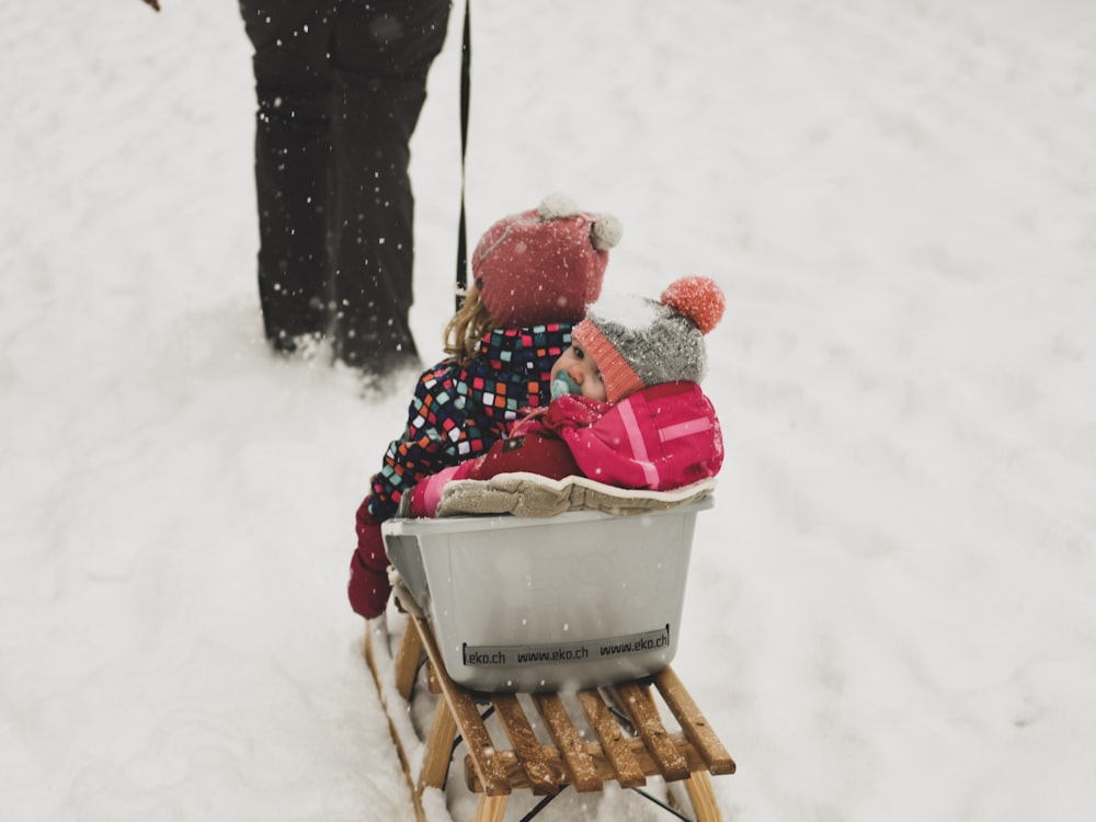 person pulling babies riding on white and brown sled during daytime
