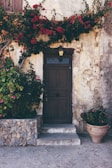 Rustic wooden door framed by vibrant flowers on a quiet Lefkes lane.