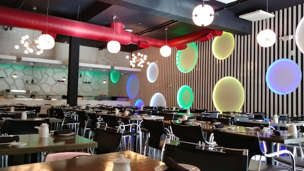 A stylish dining area featuring artistic décor elements.
