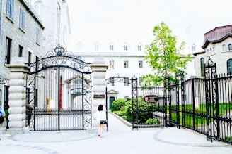 An ornate wrought iron gate stands open, leading into a courtyard flanked by historic stone buildings with multiple windows. A person walks towards the gate, dressed casually, as a tree with lush green leaves stands nearby. The atmosphere suggests a blend of academia and history, with well-maintained architecture and landscaping.