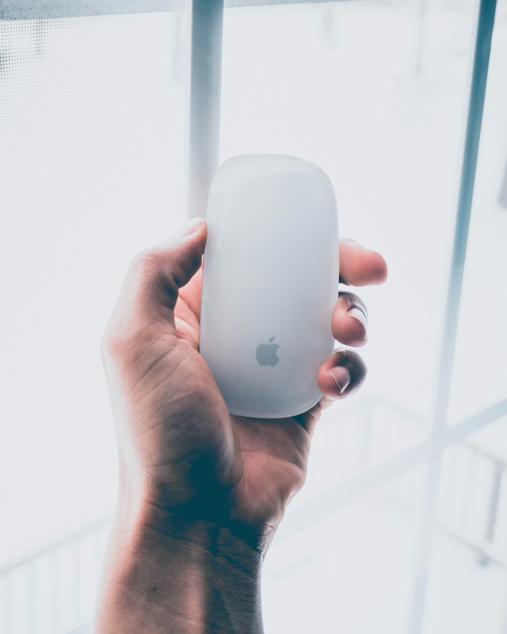 person holding Apple Magic mouse