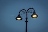 black 2-light street lamp turned on during night