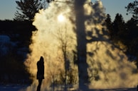 A silhouette of a figure wearing goggles, standing before a massive steam engine with billowing pipes.