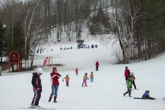 A snowy landscape with several people skiing and playing in the snow. Children and adults in colorful winter clothing are scattered across the slope, indicating a day of leisure and fun in a ski resort. Bare trees surround the area, with a small building visible in the background. Red banners and ski equipment are present, adding vibrant touches to the serene winter scene.