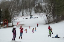 A snowy landscape with several people skiing and playing in the snow. Children and adults in colorful winter clothing are scattered across the slope, indicating a day of leisure and fun in a ski resort. Bare trees surround the area, with a small building visible in the background. Red banners and ski equipment are present, adding vibrant touches to the serene winter scene.