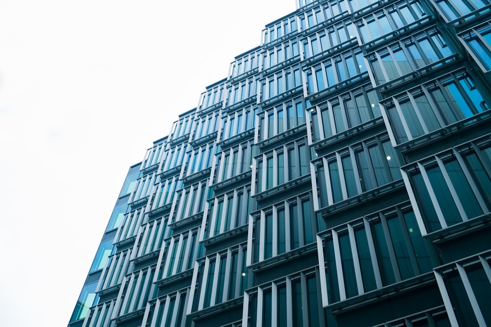 낮에 커튼월 건물의 로우 앵글 사진