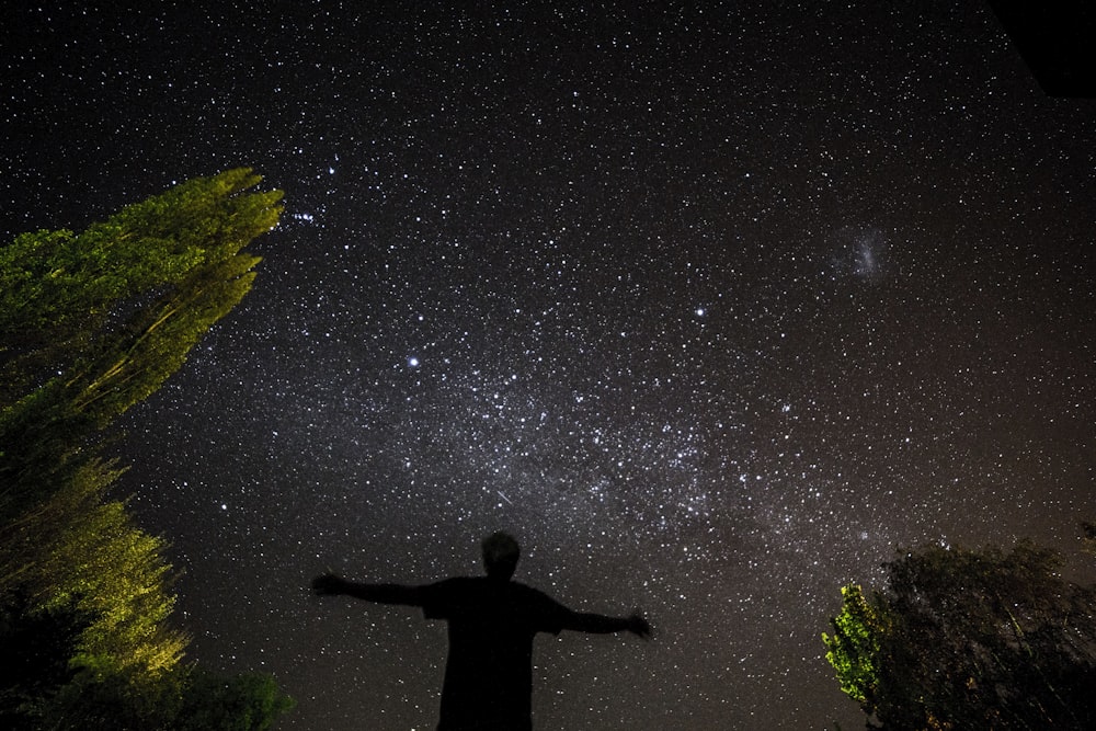 silhouette of person under starry sky