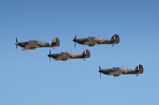 Four vintage military aircraft flying in formation against a clear blue sky. The planes have distinct roundel markings on the fuselage and wings, with propellers in motion.