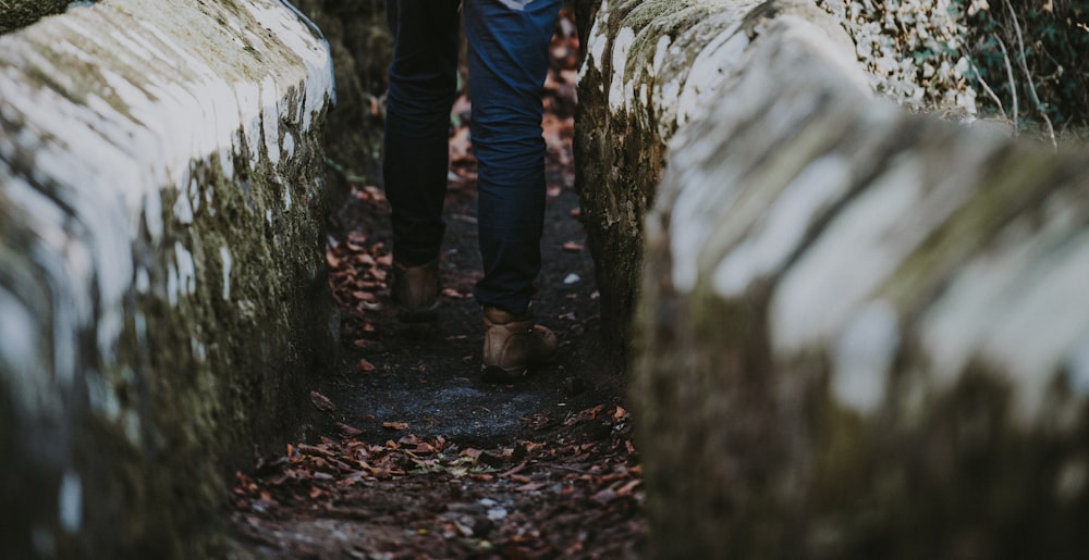 a person walking down a path in the woods