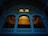 An architectural interior featuring an ornate balcony with curved archways and decorative columns. A chandelier is hanging from the ceiling in the background, casting a warm light that contrasts with the cool blue tone of the structure. The design elements suggest a classical style.