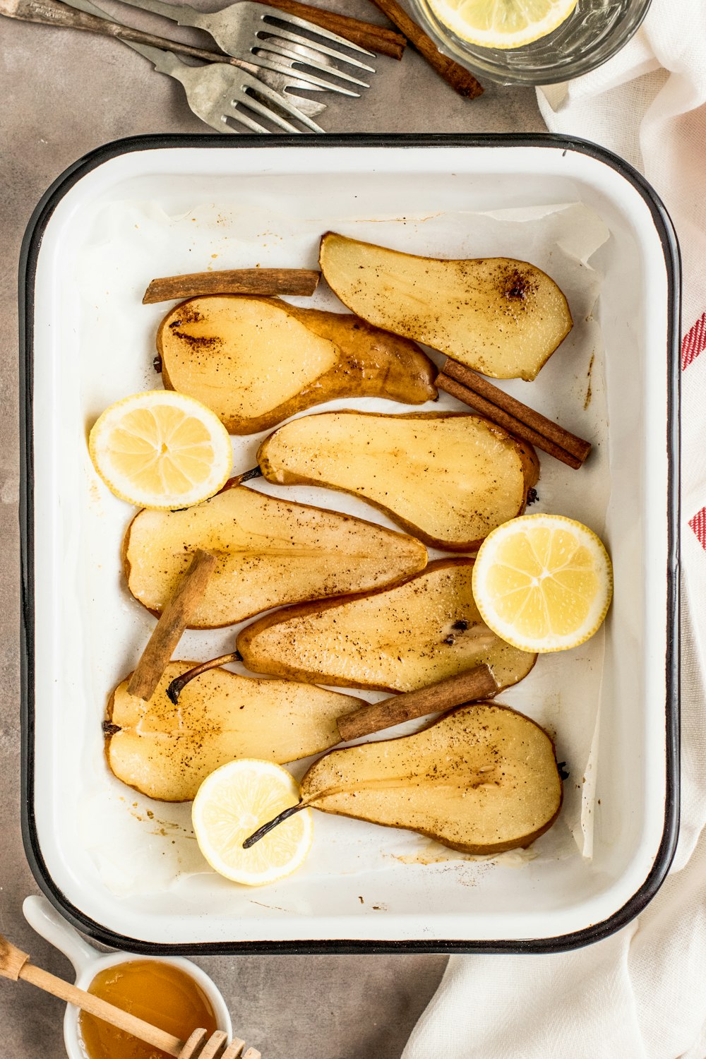 white baking dish on table