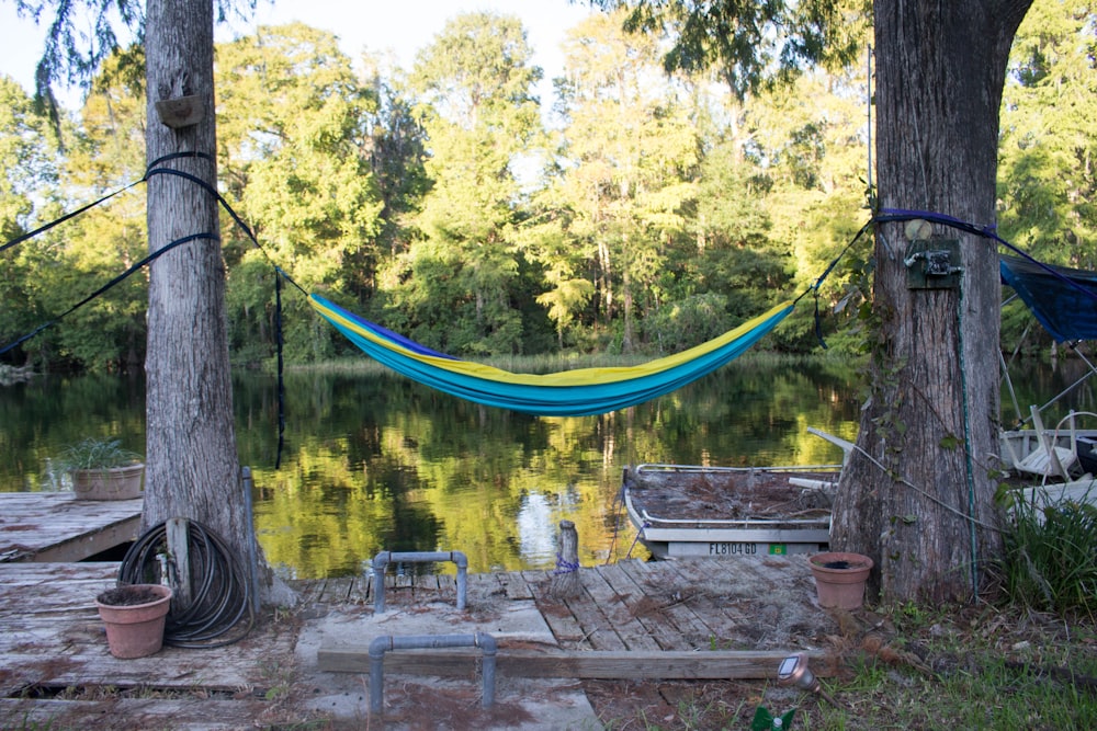 blue hammock binded on tree