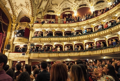 Audience members applauding at a cultural event in a theater.