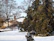 A winter landscape featuring a house with a snow-covered roof and a small chimney. A Canadian flag is visible in the distance, partially obscured by tall, leafless trees. Snow blankets the ground, and large evergreen trees stand prominently to the side.