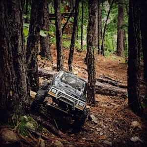 A remote-controlled off-road vehicle navigates through a dense forest with tall trees and scattered branches on the ground. The rugged terrain features a mix of rocks, dirt, and pine needles, creating a natural setting.