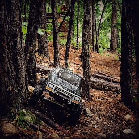 A remote-controlled off-road vehicle navigates through a dense forest with tall trees and scattered branches on the ground. The rugged terrain features a mix of rocks, dirt, and pine needles, creating a natural setting.