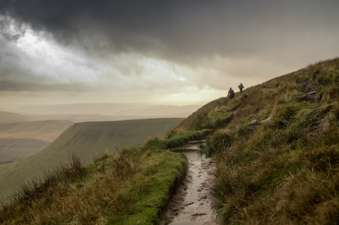 two person walking on green grass field mountain,