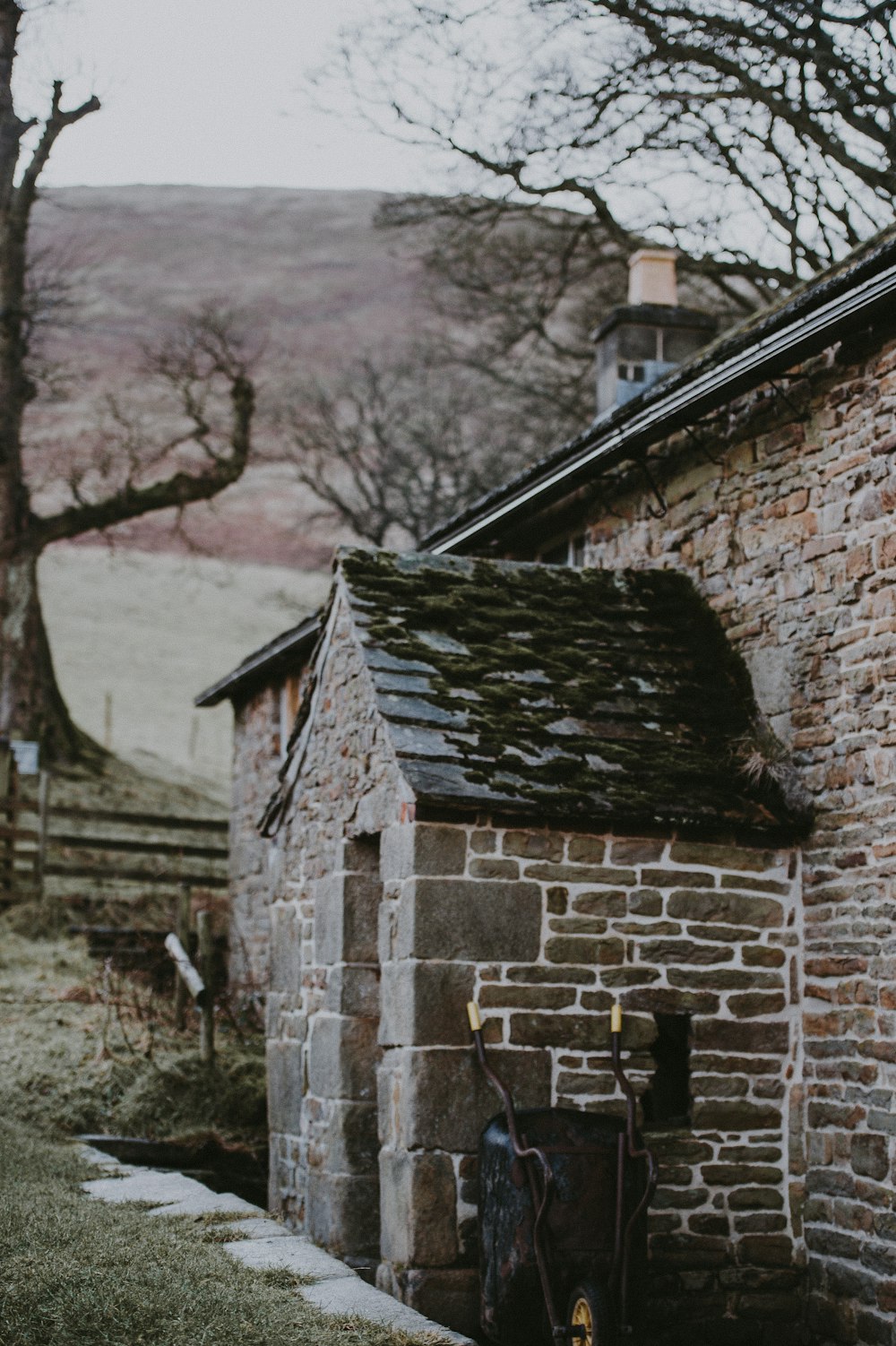 brick house near leafless tree