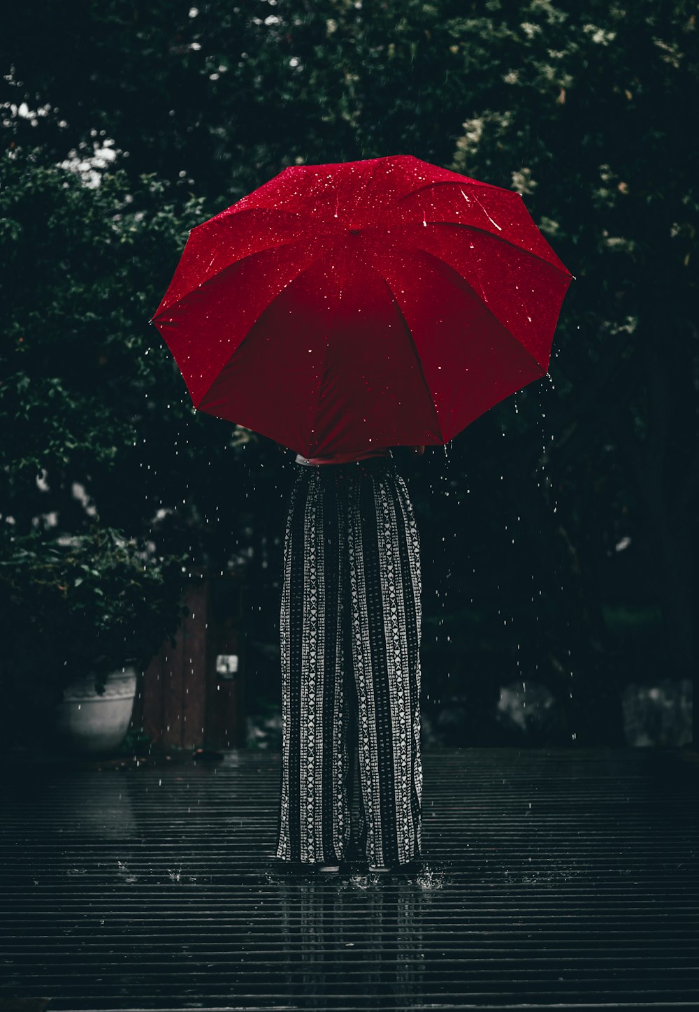 昼間、木のそばに立つ赤い傘を持つ女性