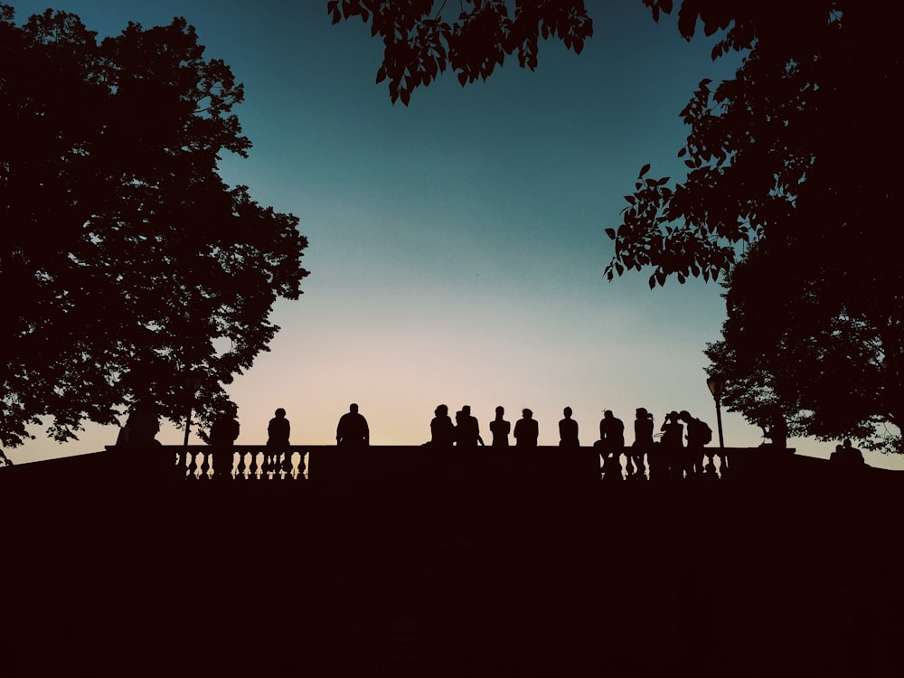 silhouette of people standing beside bridge during blue hour