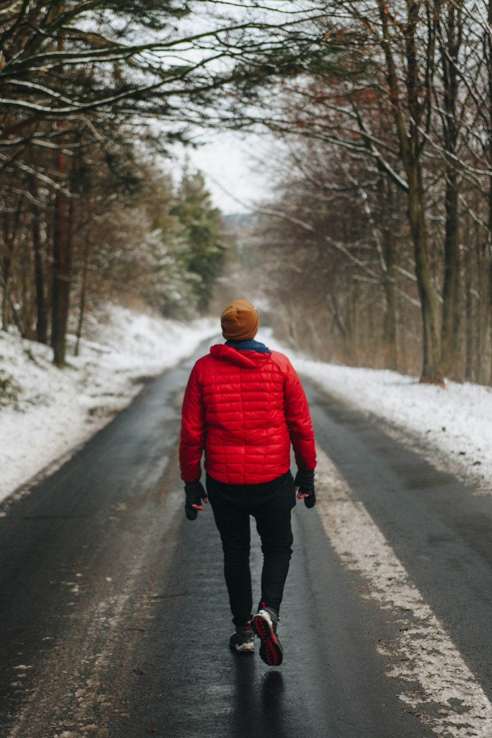 man walking on asphalt road at middle of leafless tree