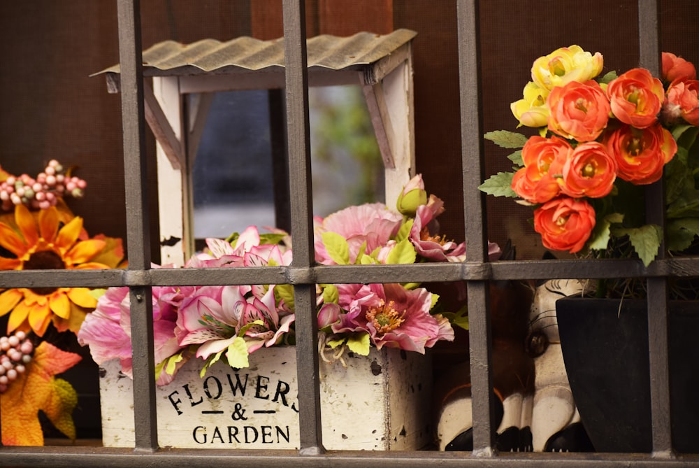 pink and yellow flowers on gray wooden frame