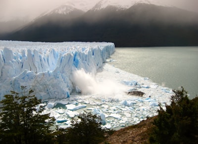 Large glacier with jagged ice formations extends into a calm body of water, surrounded by dark misty mountains. Ice is breaking off the glacier and splashing into the water below. Evergreen trees are visible in the foreground.