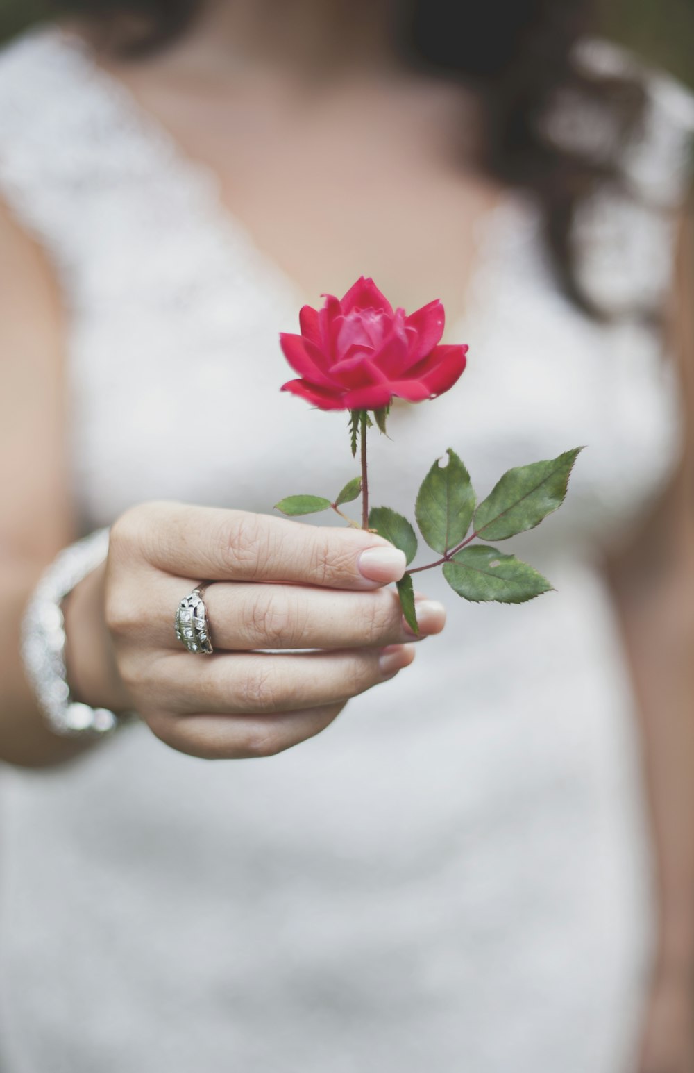 woman wearing white dress holding red flower