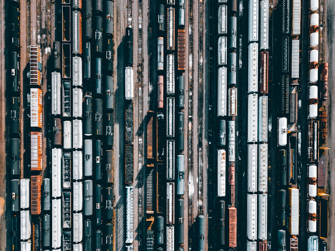 Aerial view of a freight rail yard