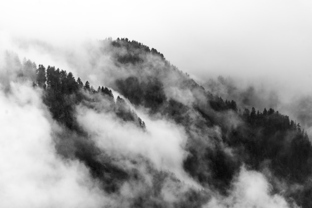 a black and white photo of a mountain covered in clouds