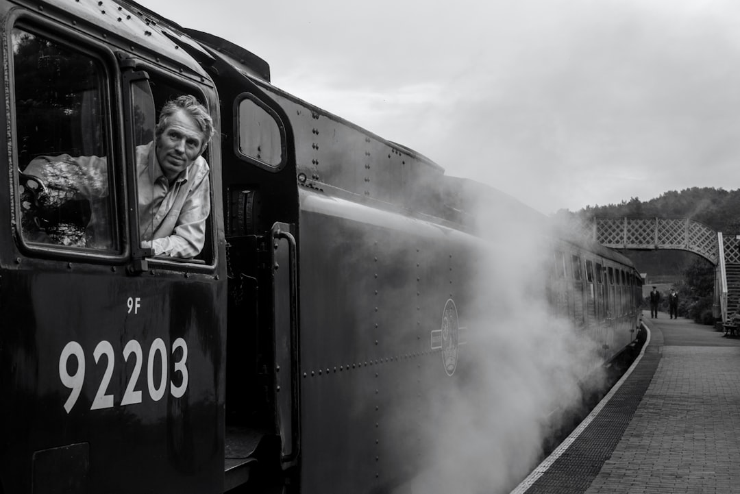 grayscale photography of man riding train, Love My Job
