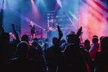 A lively concert scene with a crowd facing a stage where two performers are visible. The stage is illuminated with vibrant lighting, including beams of red, blue, and purple. A DJ station, complete with a laptop, is also visible, emphasizing the musical atmosphere. The crowd is engaged, with hands raised in excitement.