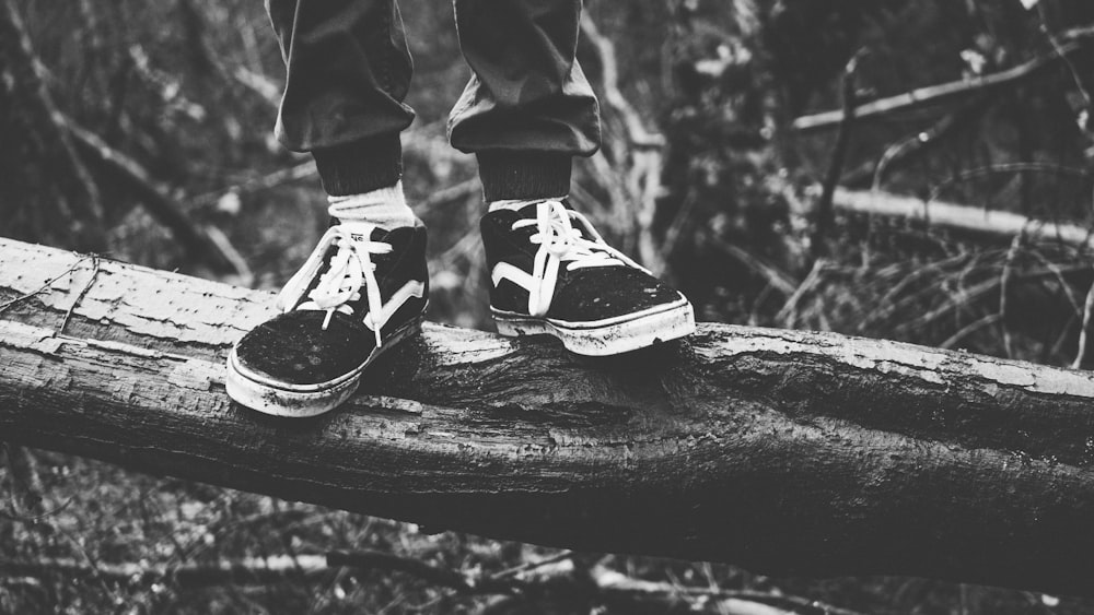 a black and white photo of a person standing on a log