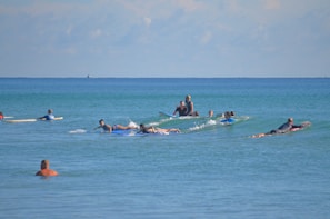 A group of surfers is paddling and sitting on their surfboards in the ocean, with gentle waves surrounding them. The water is a vibrant blue, and the sky is clear with a hint of clouds on the horizon.