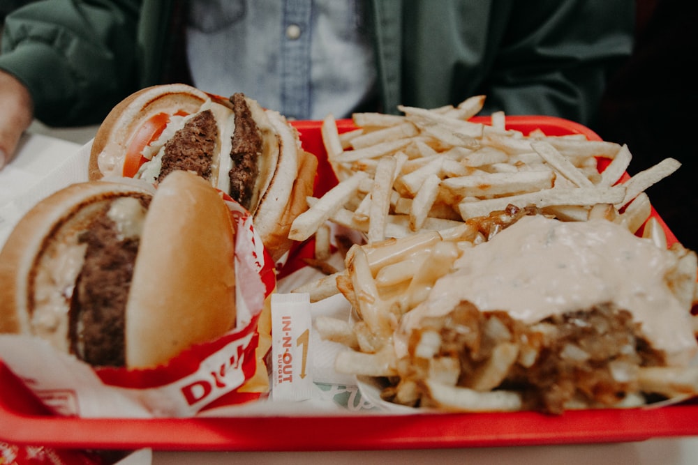 Frites et hamburgers sur plateau