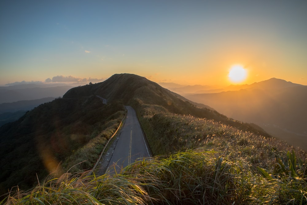 mountains and grasses during sunset