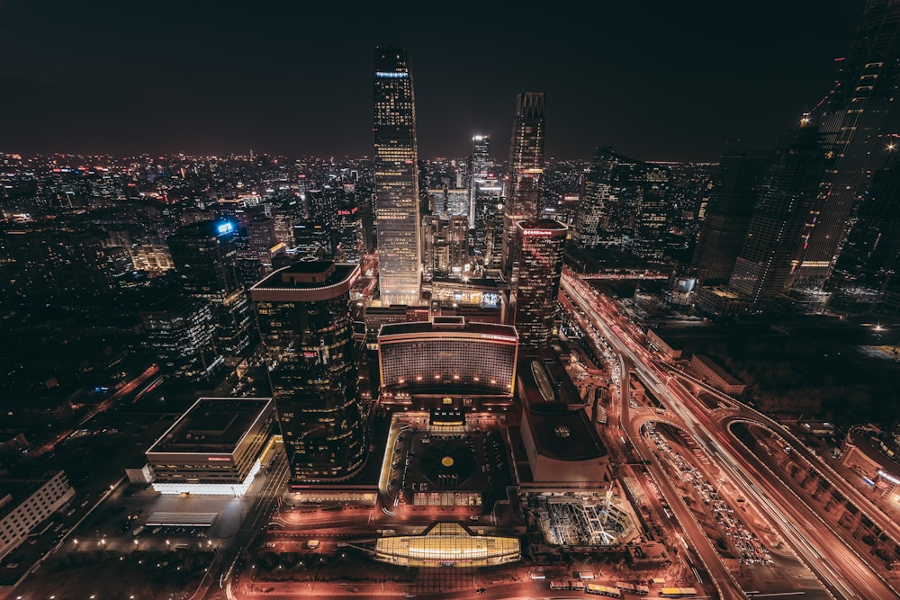 aerial view of lighted up buildings