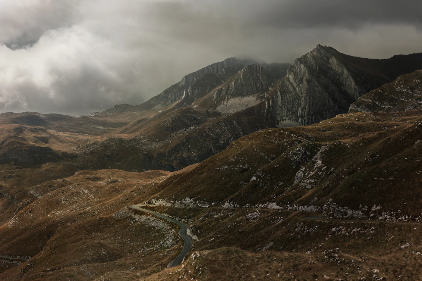 Mist-shrouded mountain peaks of Durmitor National Park, Montenegro
